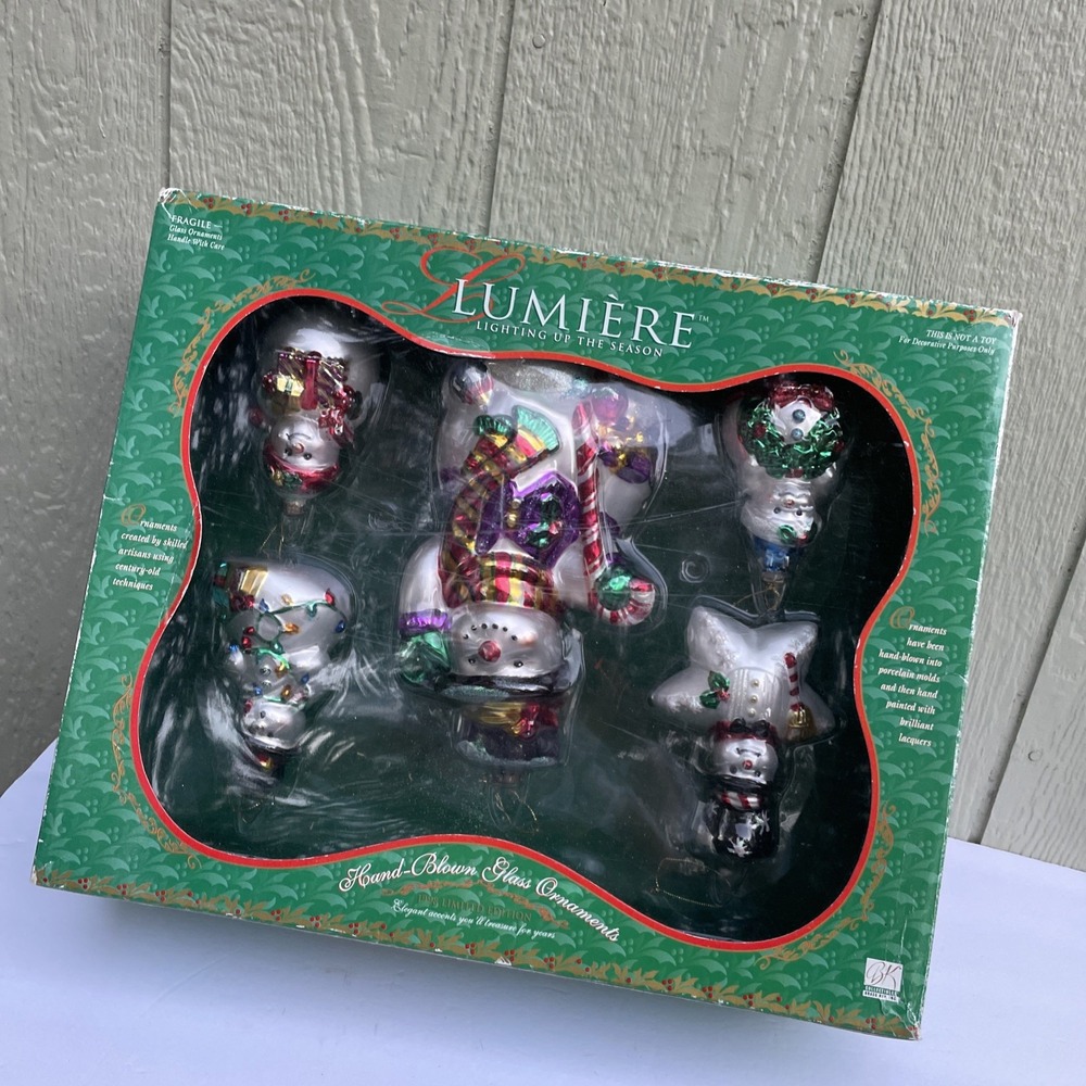 BK Lumiere Hand Blown Glass Snowmen Ornaments 1998 Limited Edition 5ct in BOX
